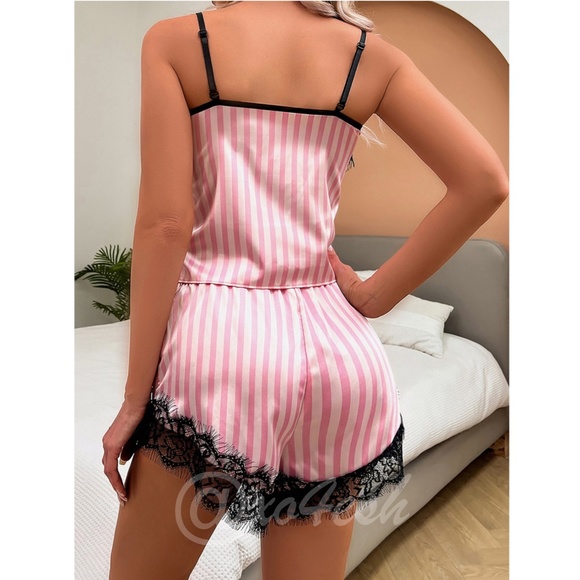 Pink Striped Print Cami + Shorts 2 Piece PJ Set  li i - Picture 5 of 10